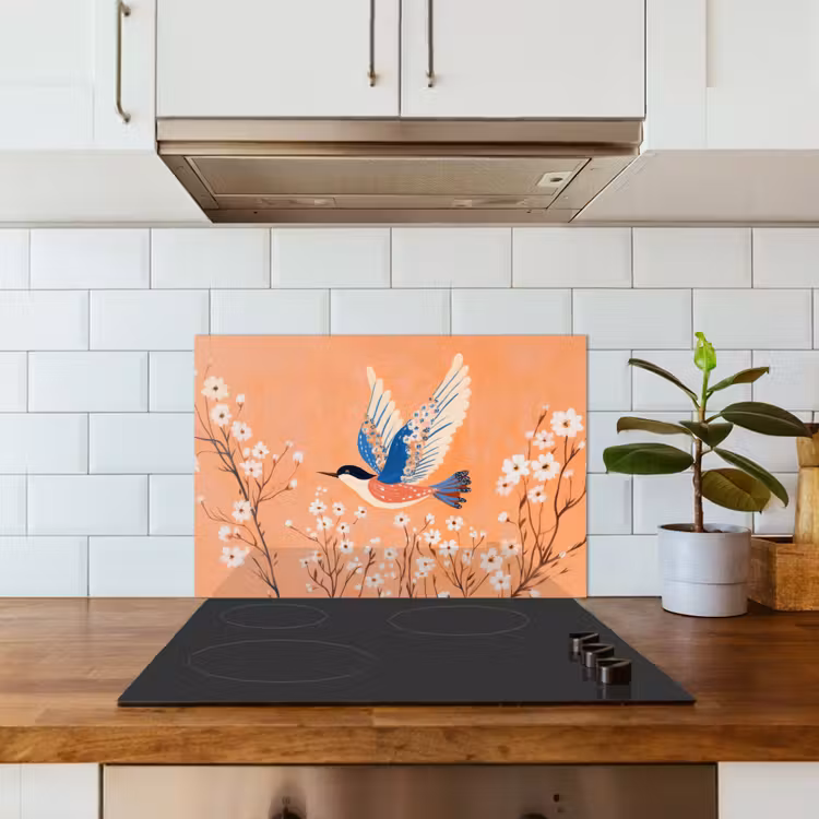 Vogel - Bloesemtakken - Warm - Kleurrijk keuken achterwand spatscherm klein -sfeer2