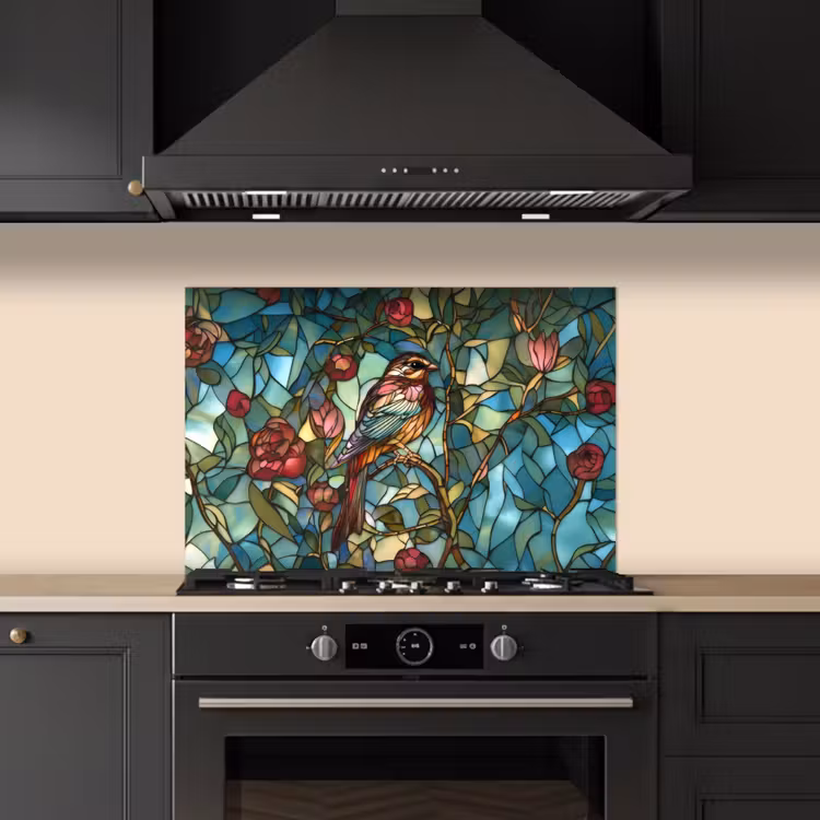 Vogel - Tak - Rozen - Mozaïek keuken achterwand spatscherm klein -sfeer1