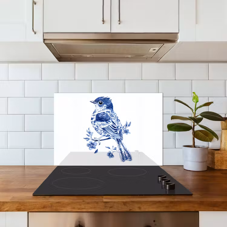 Vogel - Delfts blauw - Illustratie - Bloemen keuken achterwand spatscherm klein -sfeer2
