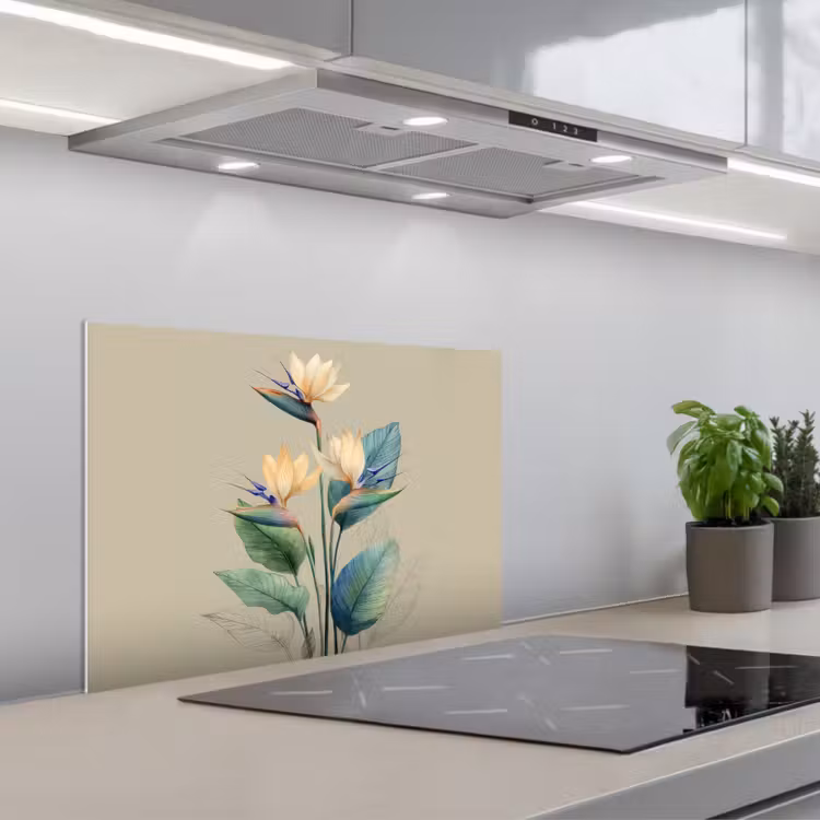 Paradijsvogelbloemen - Blauwgroene bladeren - Beige keuken achterwand spatscherm klein -3d_schuin