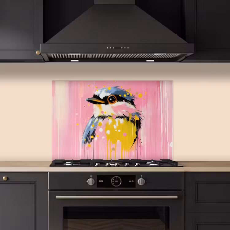 Vogel - Roze - Geel - Blauw keuken achterwand spatscherm klein -sfeer1
