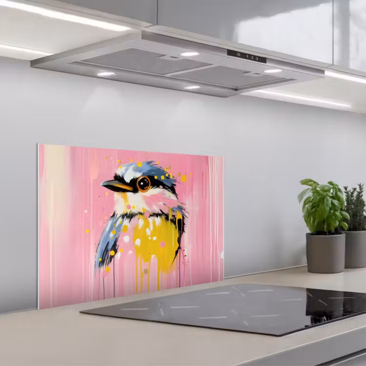 Vogel - Roze - Geel - Blauw keuken achterwand spatscherm klein -3d_schuin