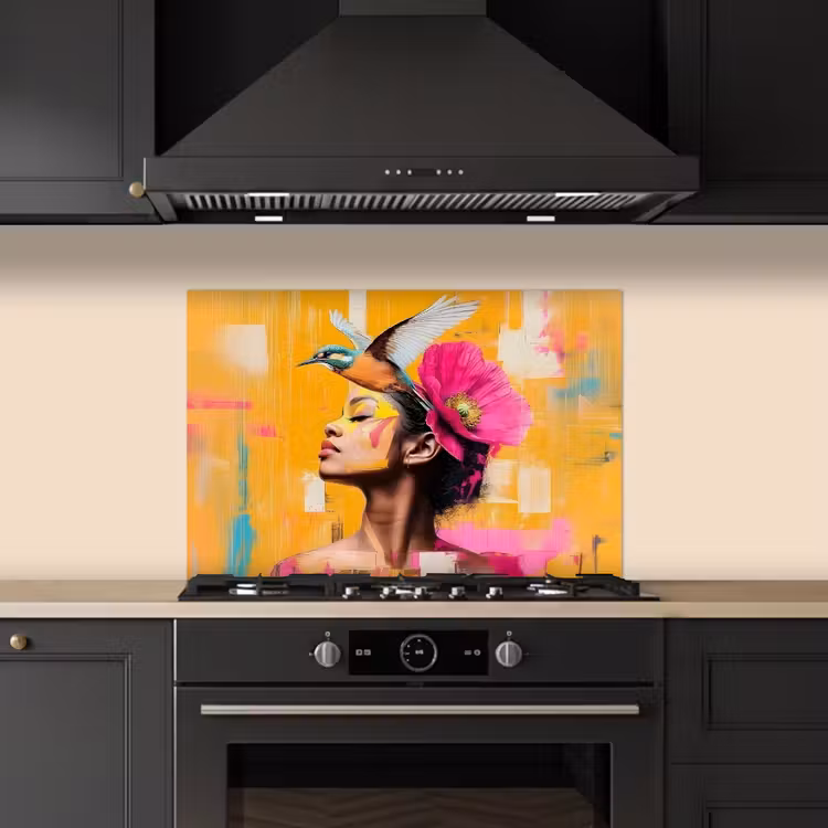 Vogel - Vrouw - Abstract - Bloem keuken achterwand spatscherm klein -sfeer1