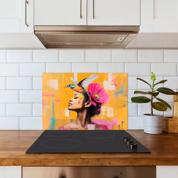 Vogel - Vrouw - Abstract - Bloem keuken achterwand spatscherm klein -sfeer2