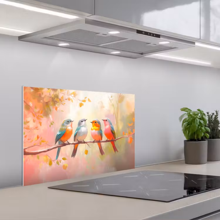 Vogels - Kleurrijk - Tak keuken achterwand spatscherm klein -3d_schuin