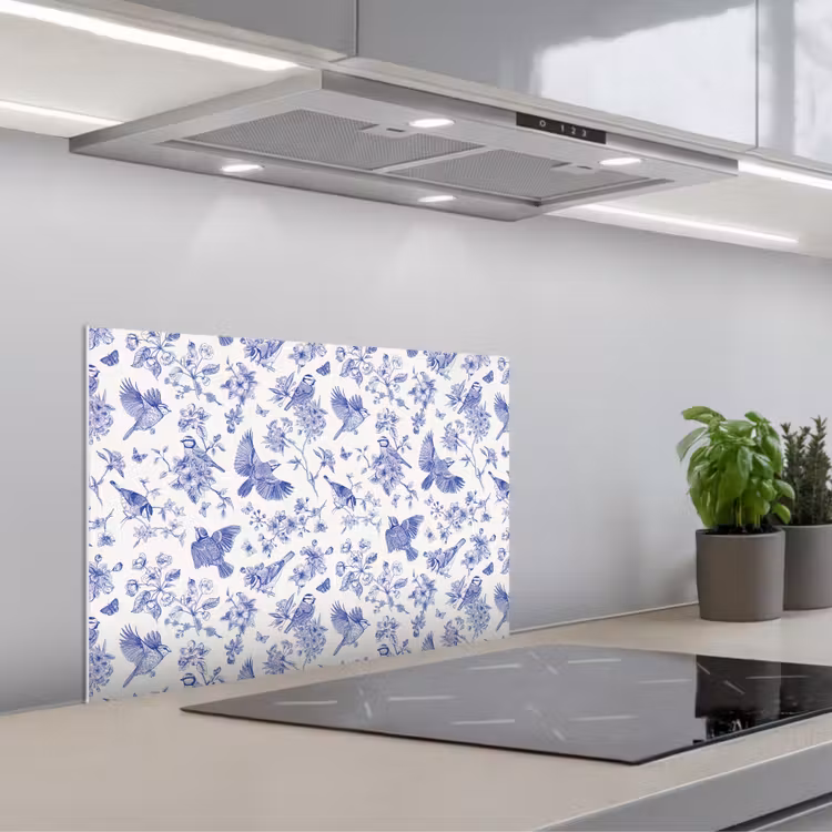 Birds - Flowers - Blue keuken achterwand spatscherm klein 900 -3d_schuin