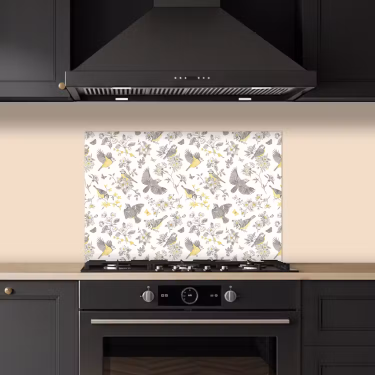 Birds - Flowers - Gray - Yellow keuken achterwand spatscherm klein 900 -sfeer1