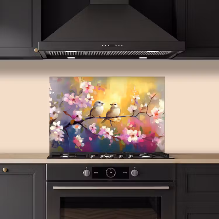 Vogels - Bloemen - Roze keuken achterwand spatscherm klein -sfeer1