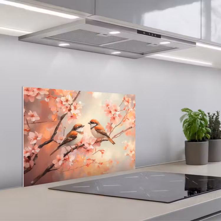 Vogels - Romantic - Bloesemtak keuken achterwand spatscherm klein -3d_schuin