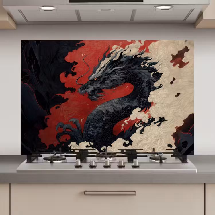 Zwarte draak - Rookwolken - Rood keuken achterwand spatscherm klein -3d_website