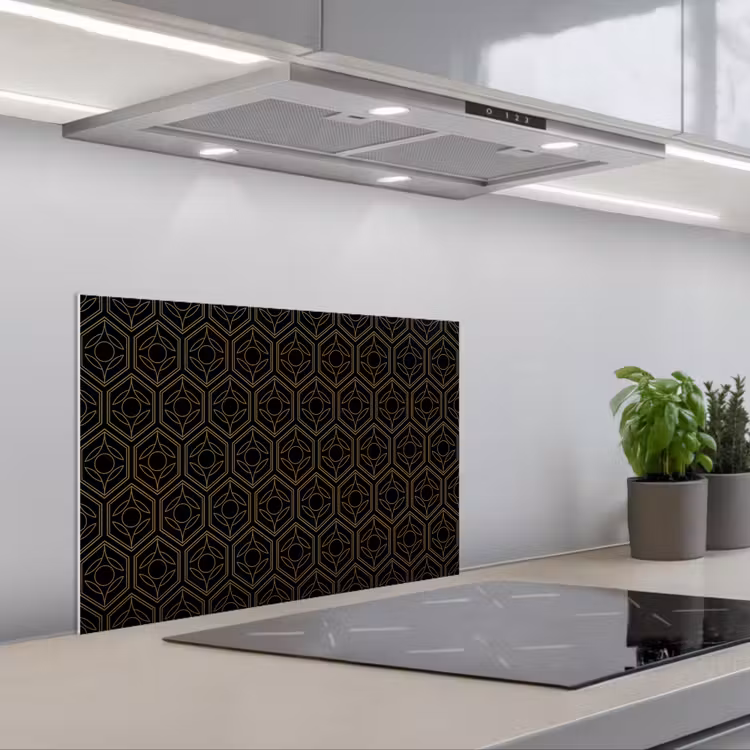 Zwart - Goud - Bloemenkern keuken achterwand spatscherm klein 900 -3d_schuin