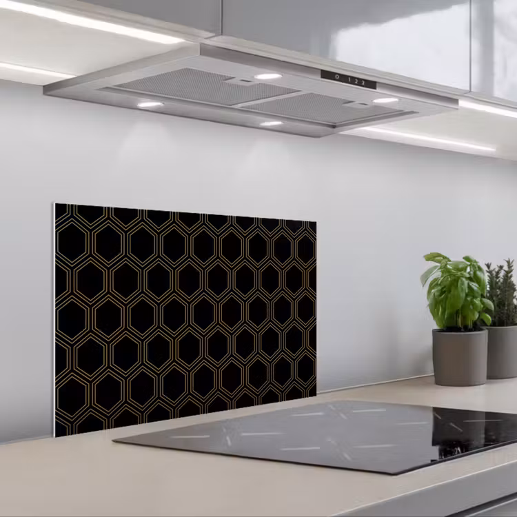 Zwart - Goud - Zeshoek keuken achterwand spatscherm klein 900 -3d_schuin