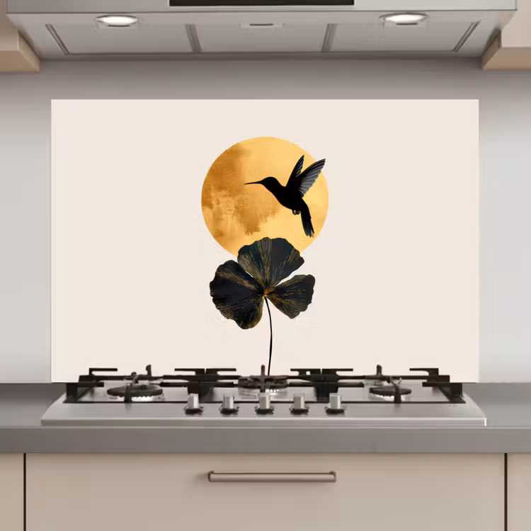 Zwarte kolibrie - Bloem - Gouden cirkel keuken achterwand spatscherm klein -3d_website