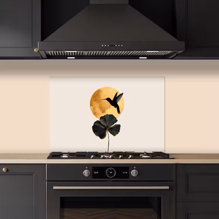 Zwarte kolibrie - Bloem - Gouden cirkel keuken achterwand spatscherm klein -sfeer1