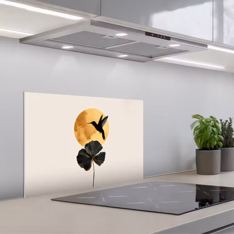 Zwarte kolibrie - Bloem - Gouden cirkel keuken achterwand spatscherm klein -3d_schuin