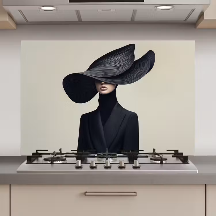 Zwart - Vrouw - Hoed keuken achterwand spatscherm klein -3d_website