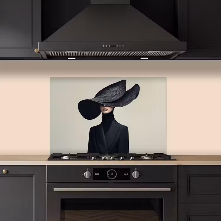 Zwart - Vrouw - Hoed keuken achterwand spatscherm klein -sfeer1
