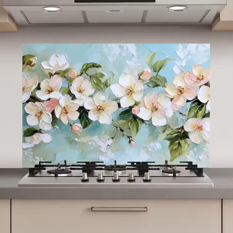 Bloesem - Bladeren - Lichtblauw keuken achterwand spatscherm klein -3d_website