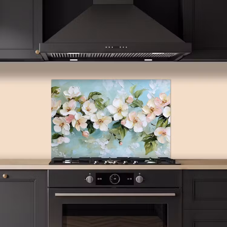 Bloesem - Bladeren - Lichtblauw keuken achterwand spatscherm klein -sfeer1