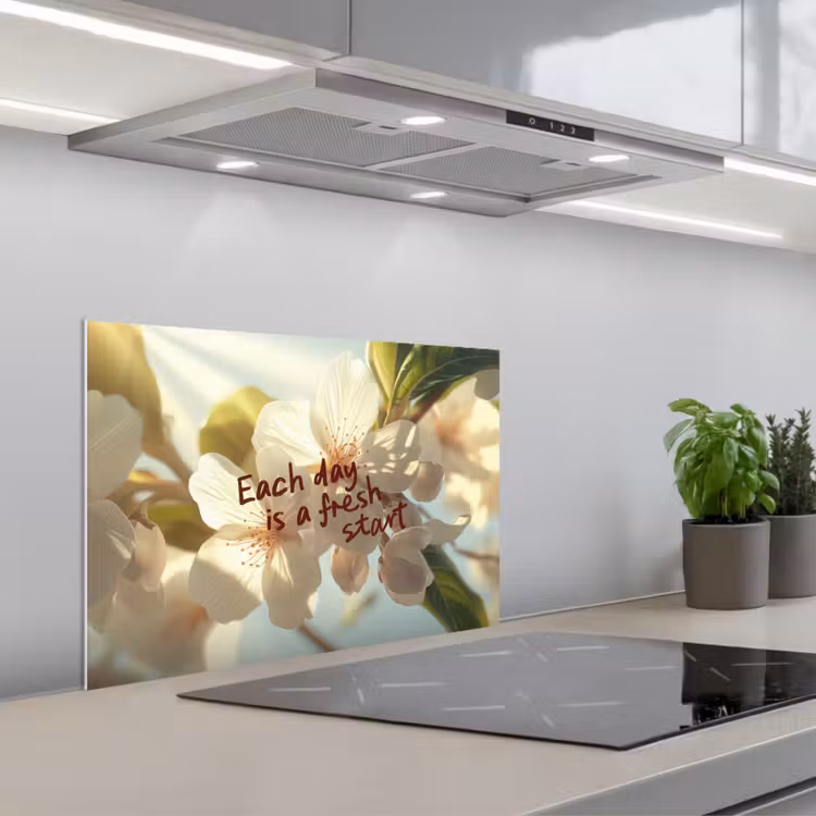 Bloesems - Zonlicht - Quote - Wit keuken achterwand spatscherm klein -3d_schuin