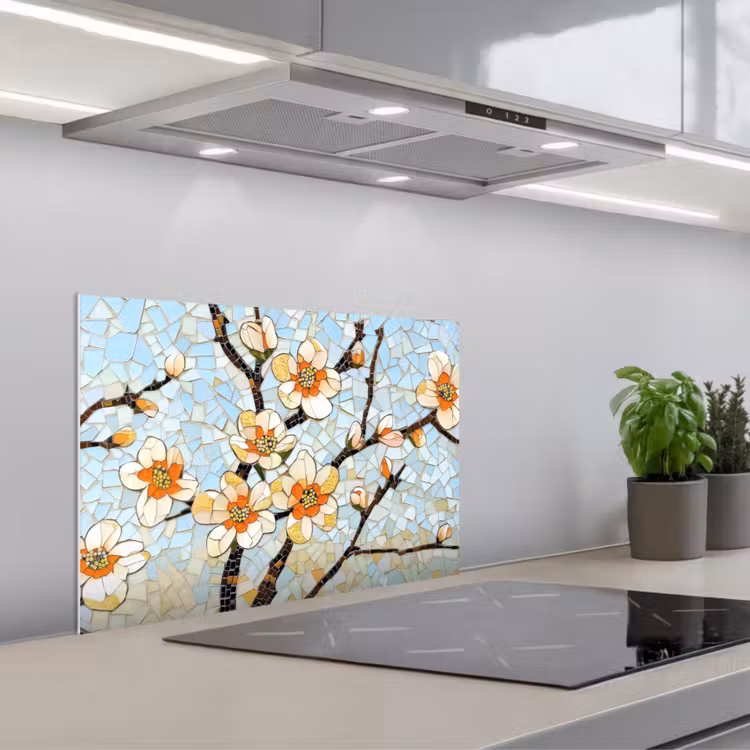 Bloesems - Wit - Mozaïek - Tak keuken achterwand spatscherm klein -3d_schuin