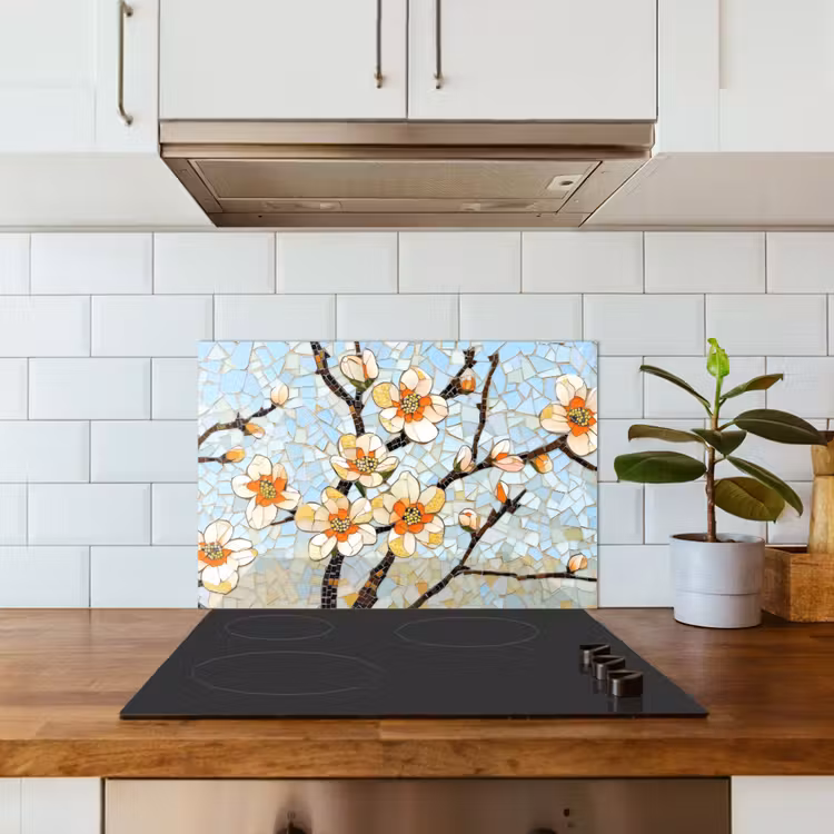 Bloesems - Wit - Mozaïek - Tak keuken achterwand spatscherm klein -sfeer2