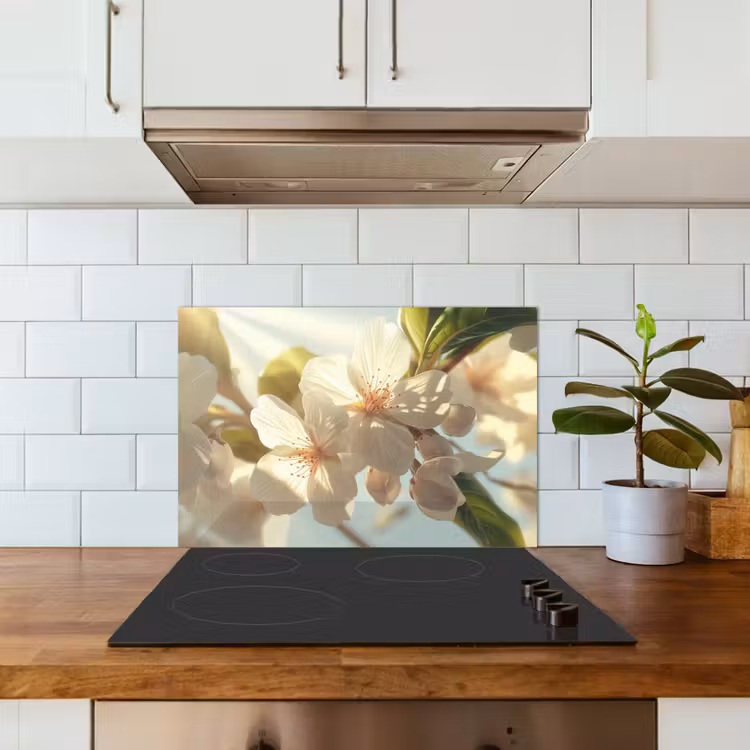 Bloesems - Wit - Zonnestralen - Bloemblaadjes keuken achterwand spatscherm klein -sfeer2