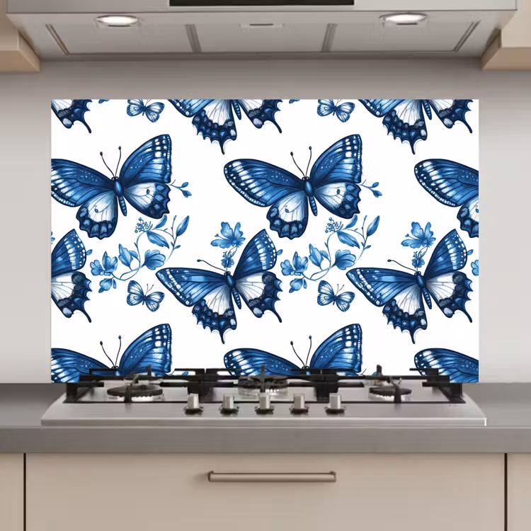 Blauw - Vlinders - Bloemen - Wit keuken achterwand spatscherm klein 900 -3d_website