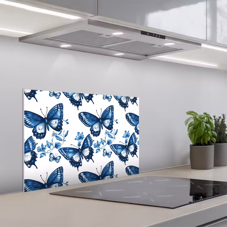 Blauw - Vlinders - Bloemen - Wit keuken achterwand spatscherm klein 900 -3d_schuin
