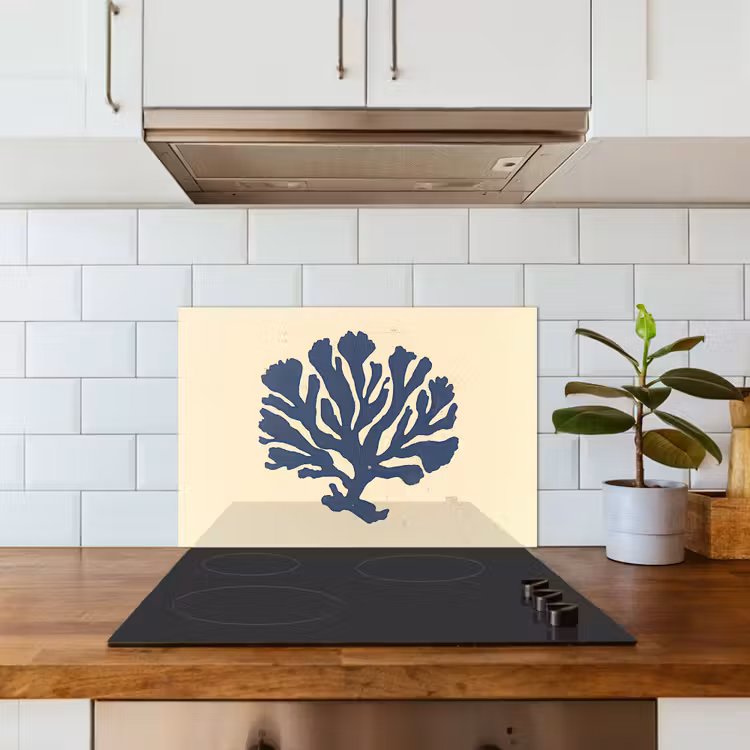 Blauw koraal - Vertakkingen - Beige keuken achterwand spatscherm klein -sfeer2