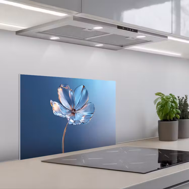 Blauw - Bloem - Glazen - Sierlijk keuken achterwand spatscherm klein -3d_schuin