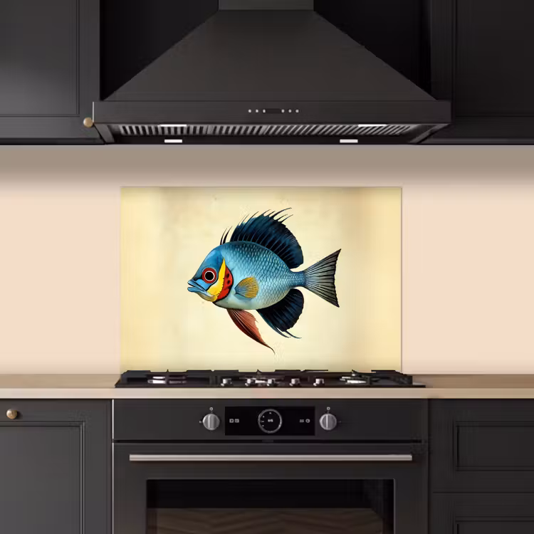 Blauw - Kieuwen - Vis - Illustratie keuken achterwand spatscherm klein -sfeer1