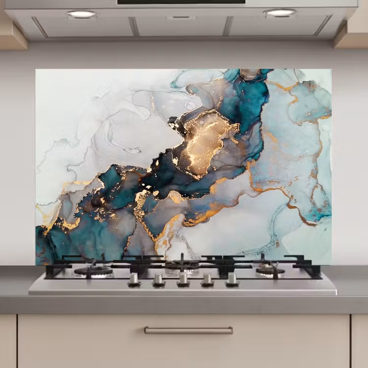 Marmer print - Goud - Blauw keuken achterwand spatscherm klein -3d_website