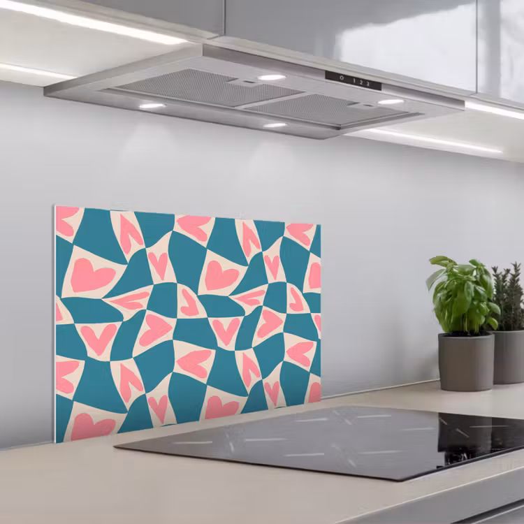 Blauw - Vlakken - Patroon - Hartjes keuken achterwand spatscherm klein 900 -3d_schuin