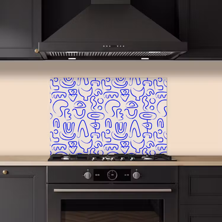 Blauw - Patroon - Abstract - Beige keuken achterwand spatscherm klein 900 -sfeer1