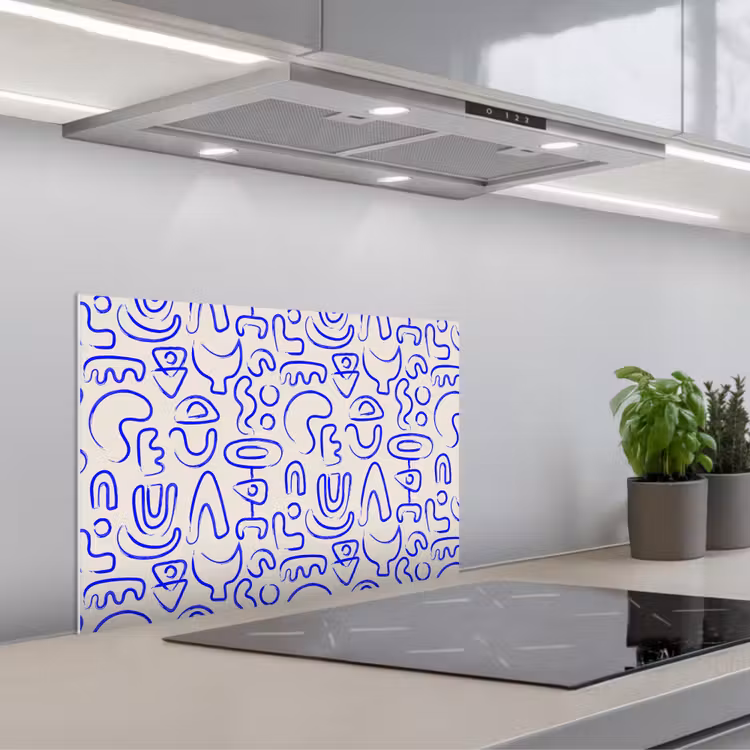 Blauw - Patroon - Abstract - Beige keuken achterwand spatscherm klein 900 -3d_schuin