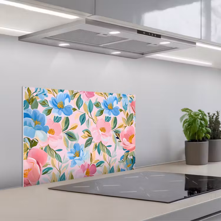 Blauw - Roze - Bloemen keuken achterwand spatscherm klein -3d_schuin