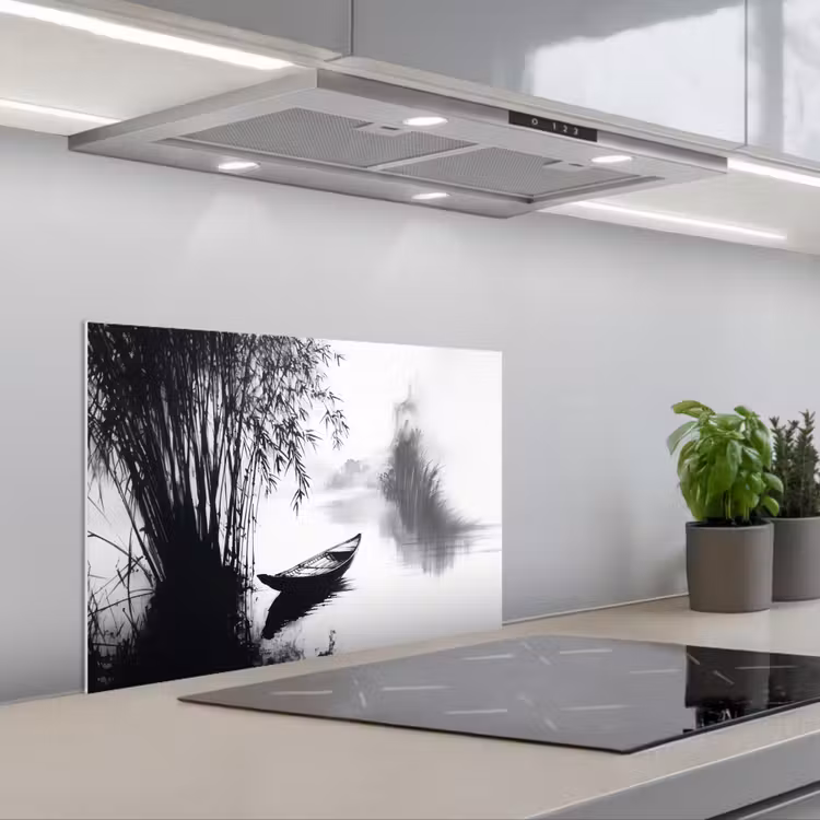 Boot - Rivier - Bamboe - Wit keuken achterwand spatscherm klein -3d_schuin
