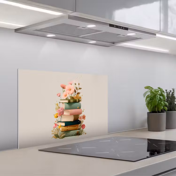 Boeken - Stapel - Bloemen - Kleurrijk keuken achterwand spatscherm klein -3d_schuin
