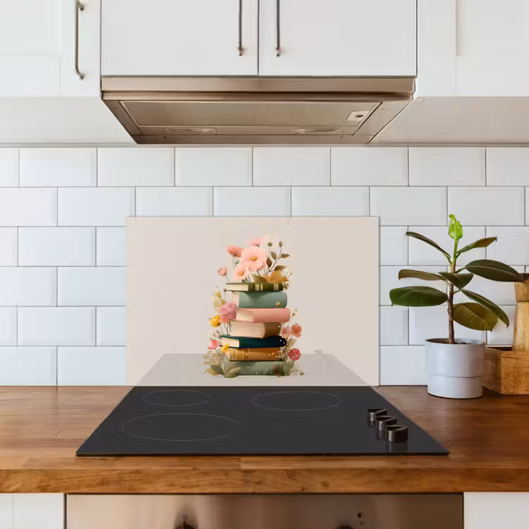 Boeken - Stapel - Bloemen - Kleurrijk keuken achterwand spatscherm klein -sfeer2