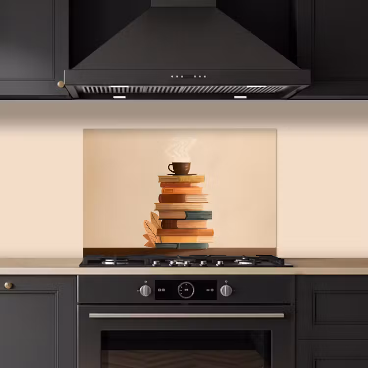 Boeken - Toren - Koffie - Beige keuken achterwand spatscherm klein -sfeer1