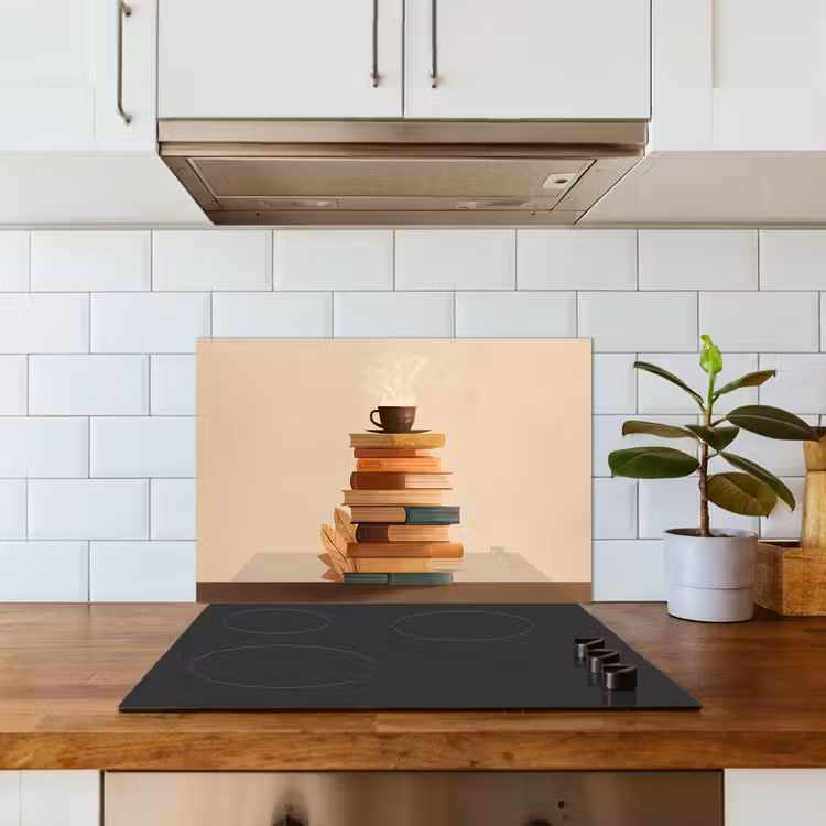 Boeken - Toren - Koffie - Beige keuken achterwand spatscherm klein -sfeer2