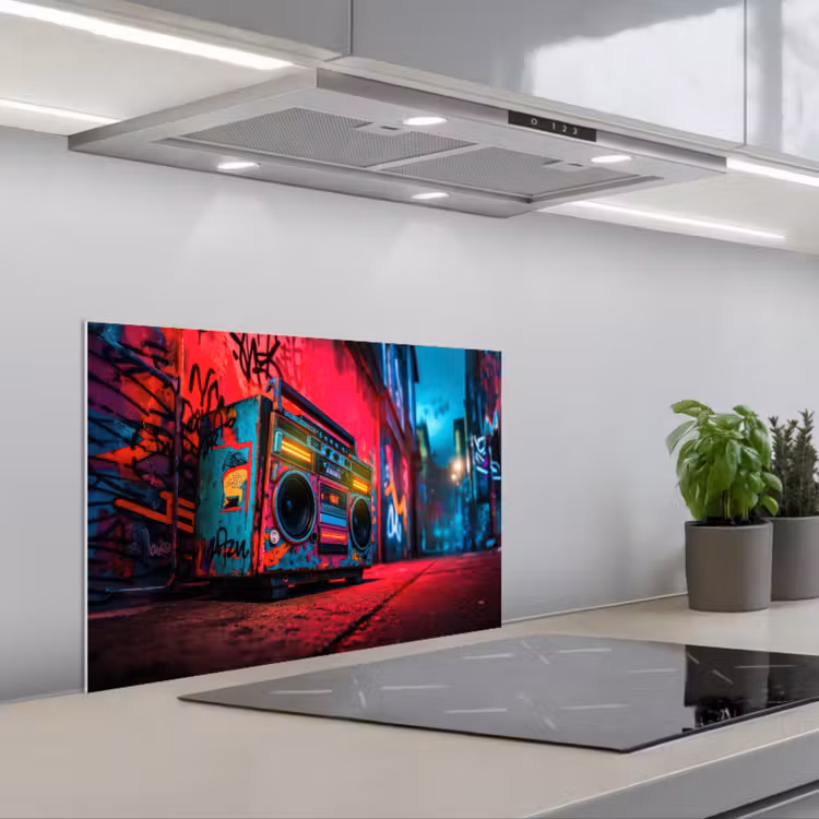 Boombox - Rood - Graffiti - Neon keuken achterwand spatscherm klein -3d_schuin