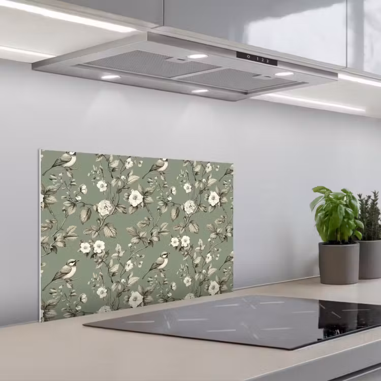 Botanisch - Vogels - Groen keuken achterwand spatscherm klein 900 -3d_schuin