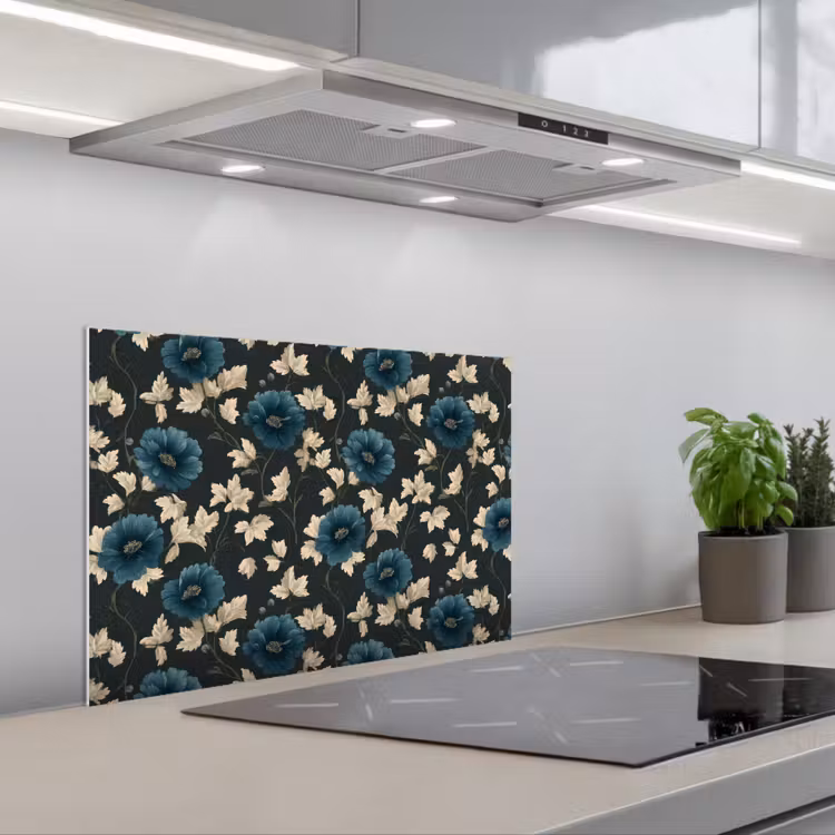Botanisch - Bloemen - Blauw keuken achterwand spatscherm klein 900 -3d_schuin