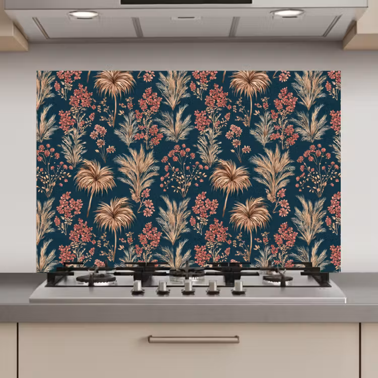Botanisch - Patroon - Blauw keuken achterwand spatscherm klein 900 -3d_website