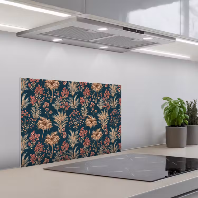 Botanisch - Patroon - Blauw keuken achterwand spatscherm klein 900 -3d_schuin