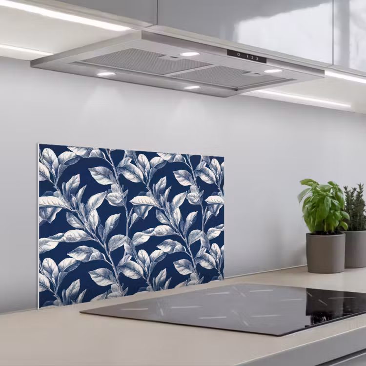 Botanisch - Patroon - Blauw keuken achterwand spatscherm klein 900 -3d_schuin