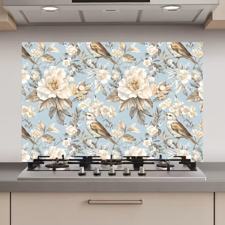 Botanisch - Zangvogel - Blauw keuken achterwand spatscherm klein 900 -3d_website