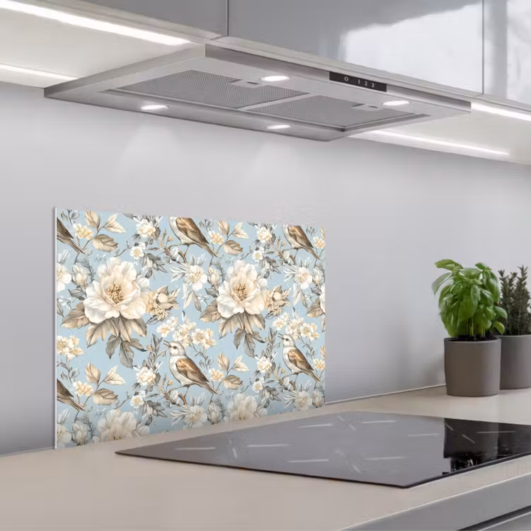 Botanisch - Zangvogel - Blauw keuken achterwand spatscherm klein 900 -3d_schuin